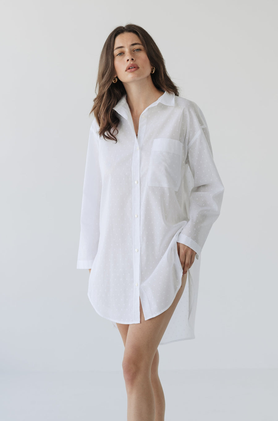 Zaana Shirt Dress in White Swiss Dot